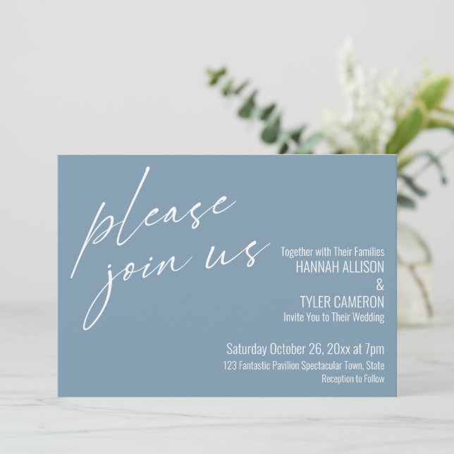 Modern Script Please Join Us Dusty Blue Wedding Invitation (Standing Front)
