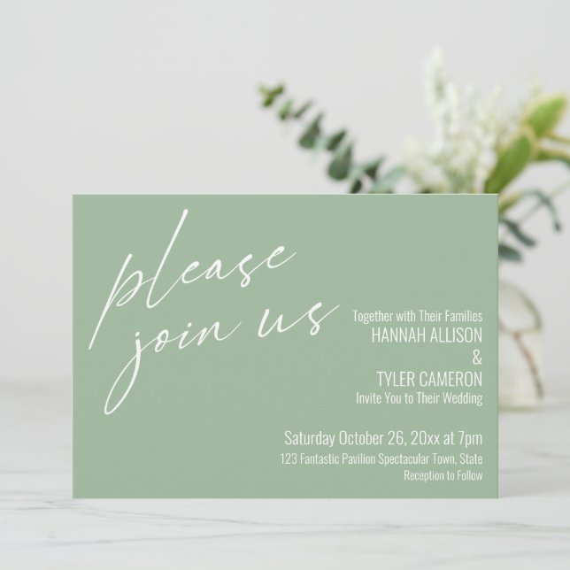 Modern Script Please Join Us Sage Green Wedding Invitation (Standing Front)