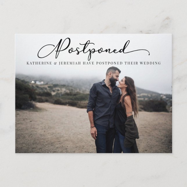 Modern Script Postponed Wedding Change the Date Postcard (Front)