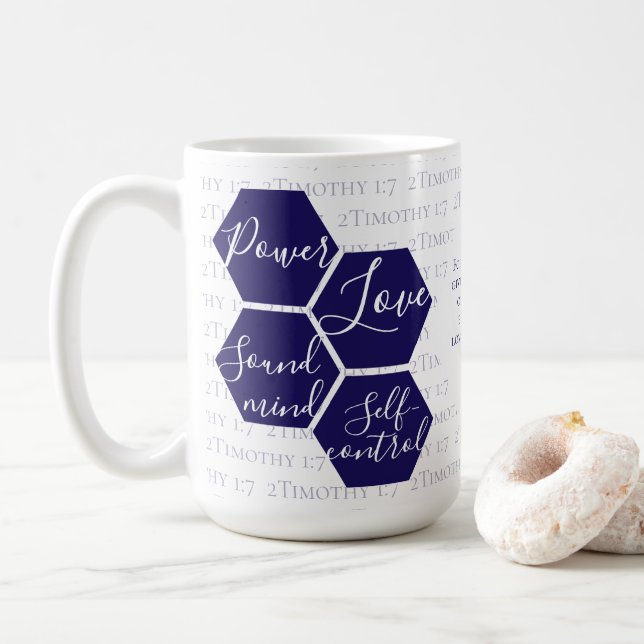 Modern Script POWER LOVE SOUND MIND Christian  Coffee Mug (With Donut)