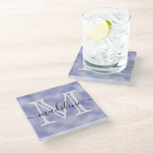 Modern Script Purple Foil Monogram Glass Coaster