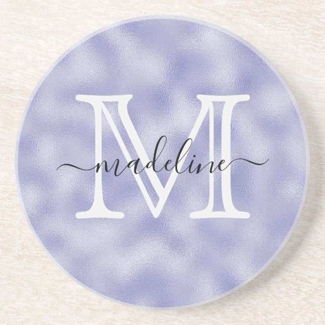 Modern Script Purple Foil Monogram Kitchen Coaster (Front)