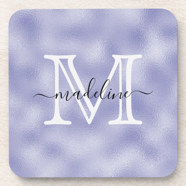 Modern Script Purple Foil Monogram Kitchen Coaster (Front)