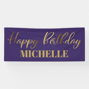 Modern Script Purple Gold Happy Birthday Banner