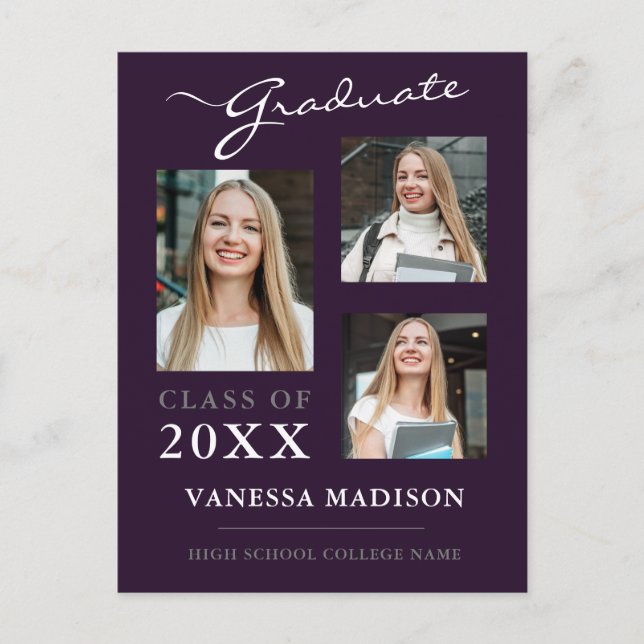 Modern Script Purple Graduate Announcement Postcard (Front)
