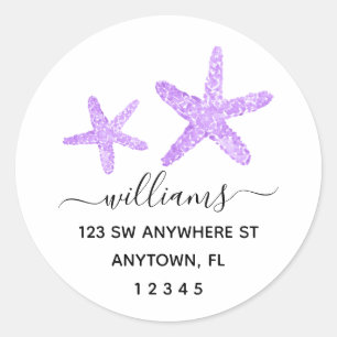 Modern Script Purple Starfish Return Address Classic Round Sticker