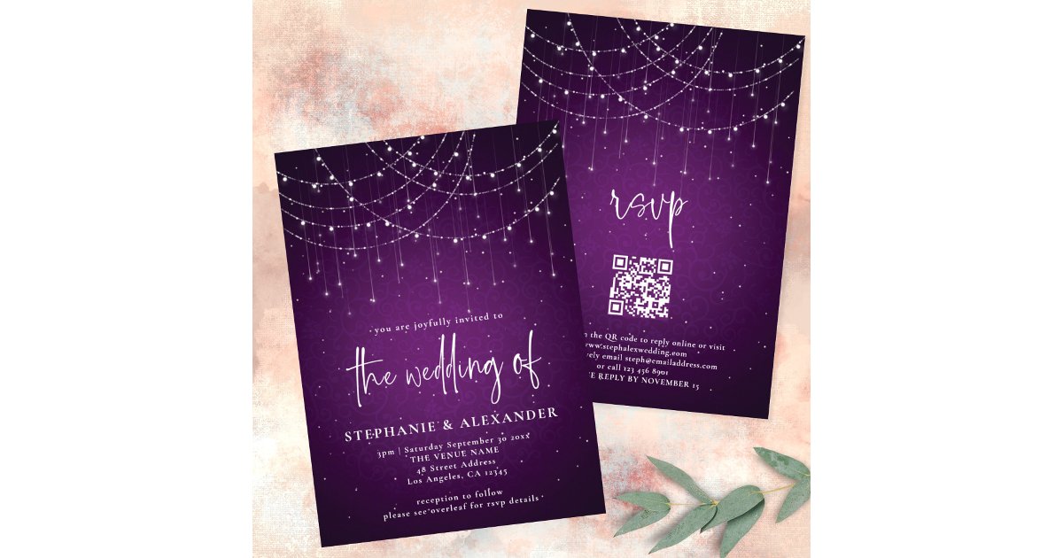 String Qr Modern Script Purple String Lights QR Code Wedding Invitation | Zazzle