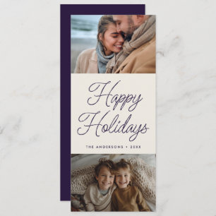 Modern Script Purple Two Photo Tall Christmas Holiday Card