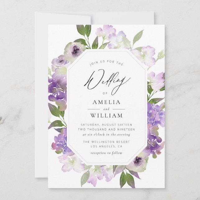 modern script purple wedding invitation (Front)