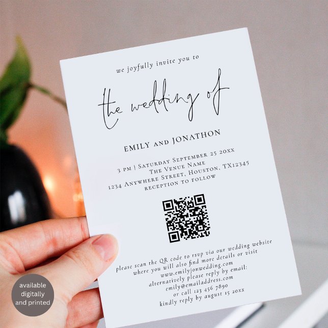 Modern Script QR Code Black and White Wedding Invitation (Creator Uploaded)