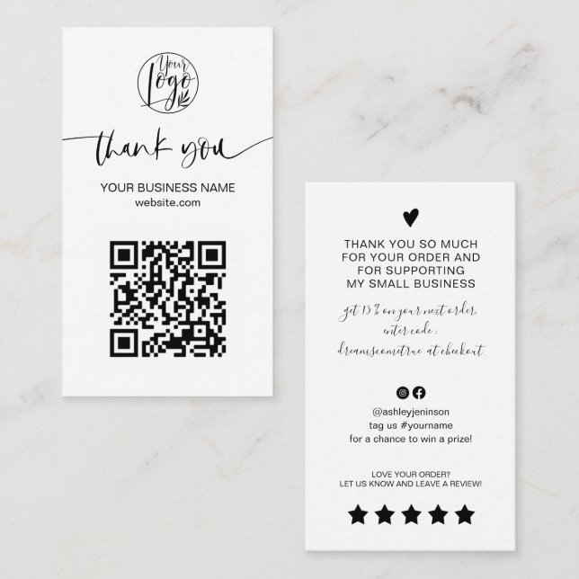 Modern script QR code black white order thank you Business Card (Front/Back)