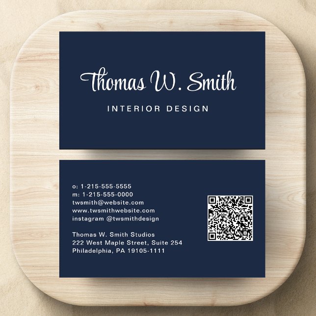 Modern Script QR Code Blue Business Card (Capture attention and make connections with our modern signature script QR code business card)