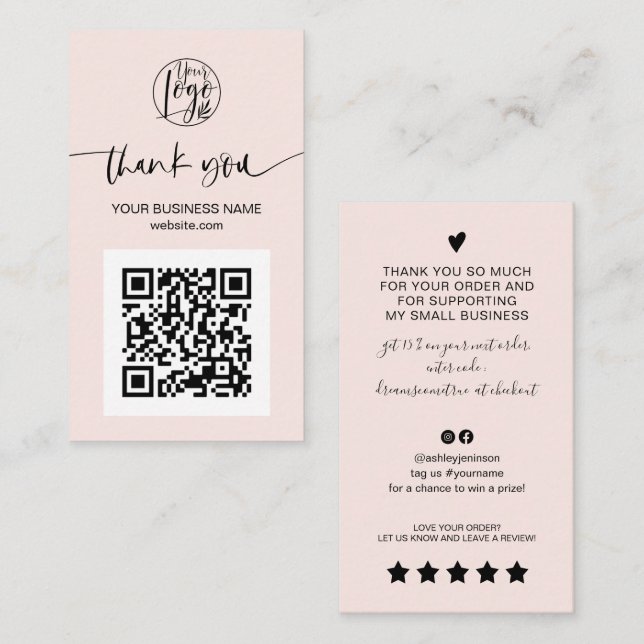 Modern script QR code blush pink order thank you Business Card (Front/Back)