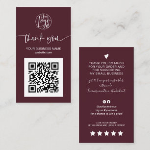 Modern script QR code burgundy order thank you Business Card
