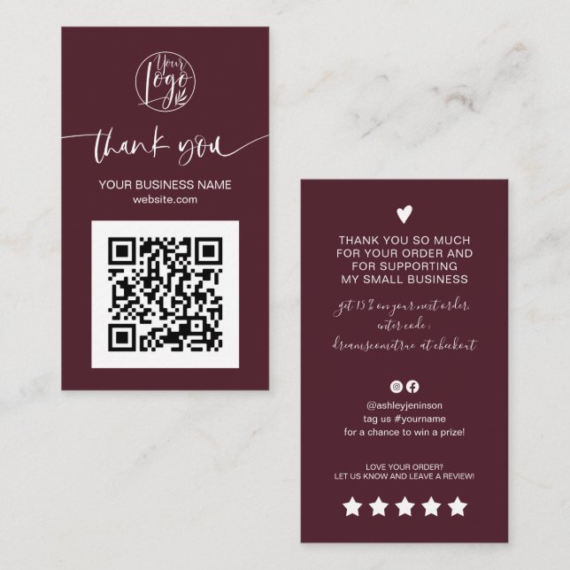 Modern script QR code burgundy order thank you Business Card (Front/Back)