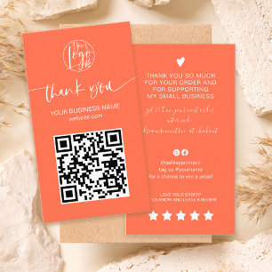 Modern script QR code coral order thank you Business Card