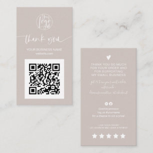 Modern script QR code cream order thank you Business Card