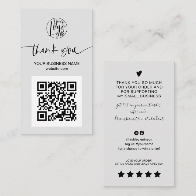 Modern script QR code grey order thank you Business Card (Front/Back)