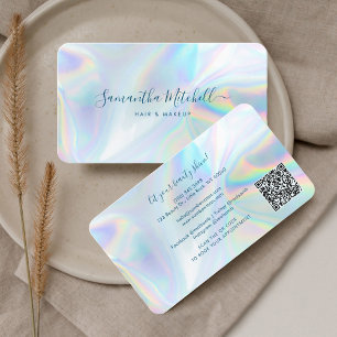 Modern Script QR Code Holographic Hair Salon Owner Business Card