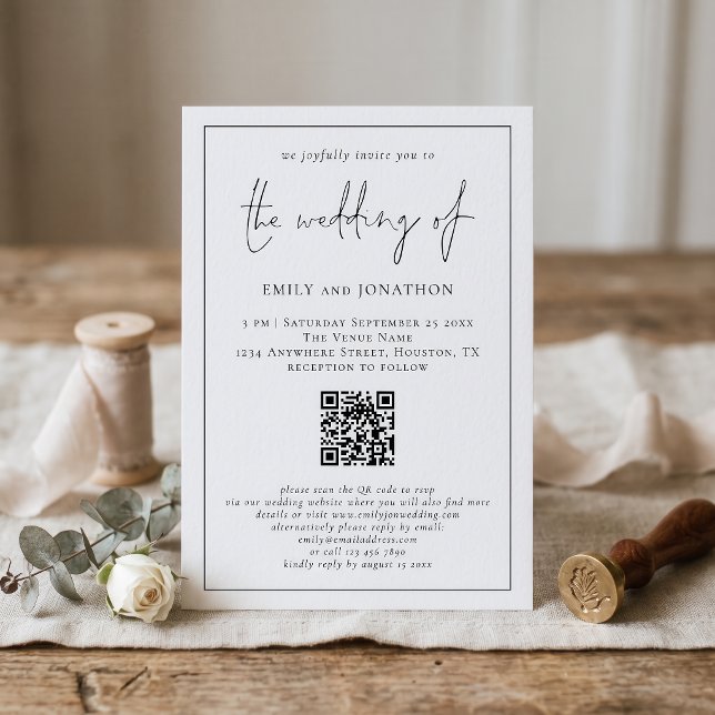 Modern Script QR Code Line Border Wedding Invitation (Creator Uploaded)