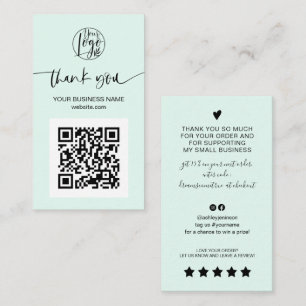 Modern script QR code mint green order thank you Business Card