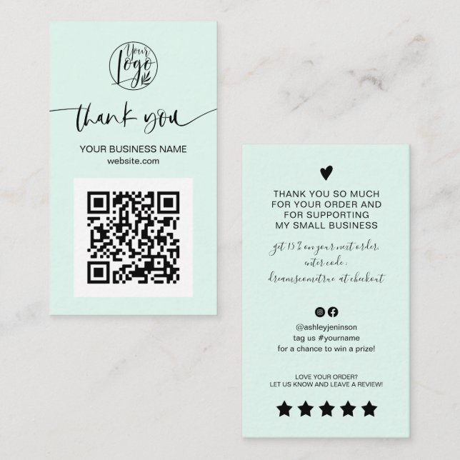 Modern script QR code mint green order thank you Business Card (Front/Back)