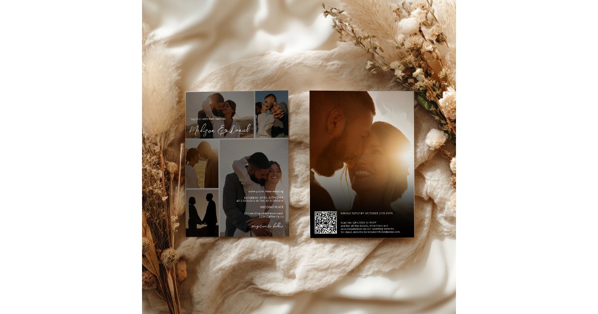 Answer Booklet Script Qr Code Photo Modern Script Qr code Names 6-Photo Grid Wedding Invitation | Zazzle
