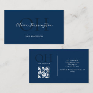 Modern Script QR Code Navy Blue Monogram Business Card