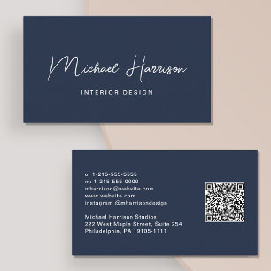 Modern Script QR Code Professional Blue Business Card