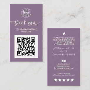 Modern script QR code purple order thank you Business Card