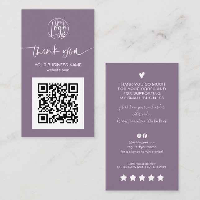 Modern script QR code purple order thank you Business Card (Front/Back)
