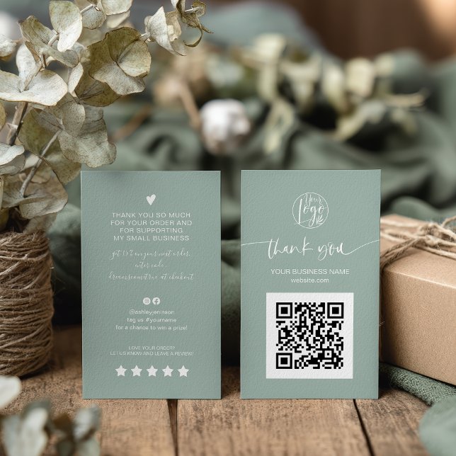 Modern script QR code sage green order thank you Business Card (Modern script QR code sage green order thank you Business Card)