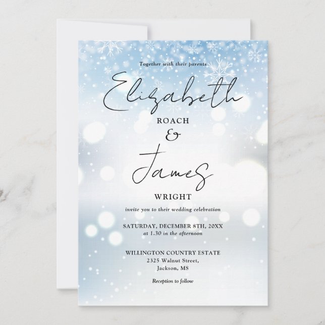 Modern Script QR Code Snowflakes Winter Wedding Invitation (Front)
