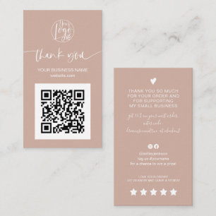 Modern script QR code tan peach order thank you Business Card