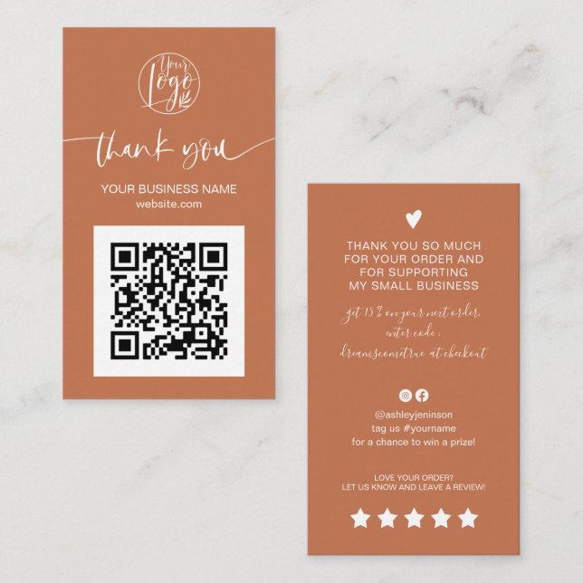 Modern script QR code terracotta order thank you Business Card (Front/Back)