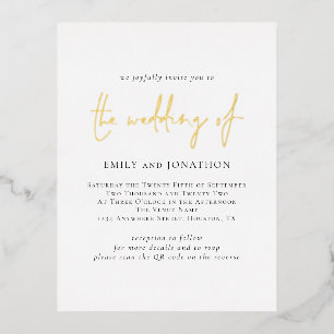 Modern Script QR Code Wedding Real Foil Invitation Postcard