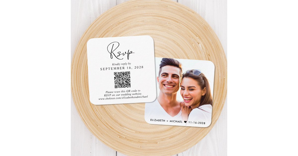 Answer Booklet Script Qr Code Photo Modern Script QR Code Wedding RSVP Enclosure Card | Zazzle