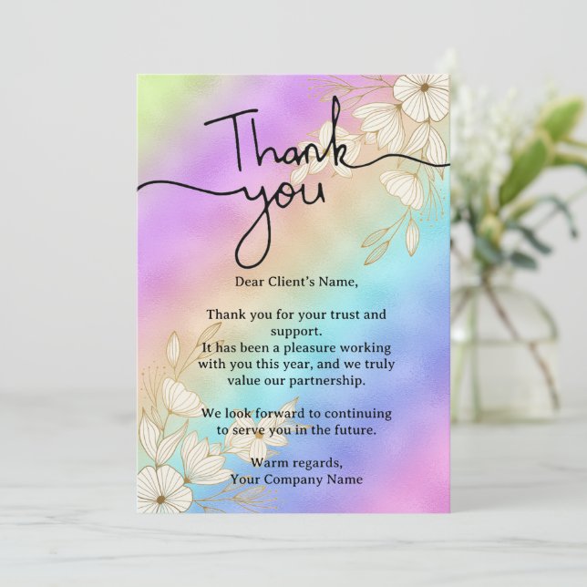 Modern Script Rainbow Pastel Client Appreciation Thank You Card (Standing Front)