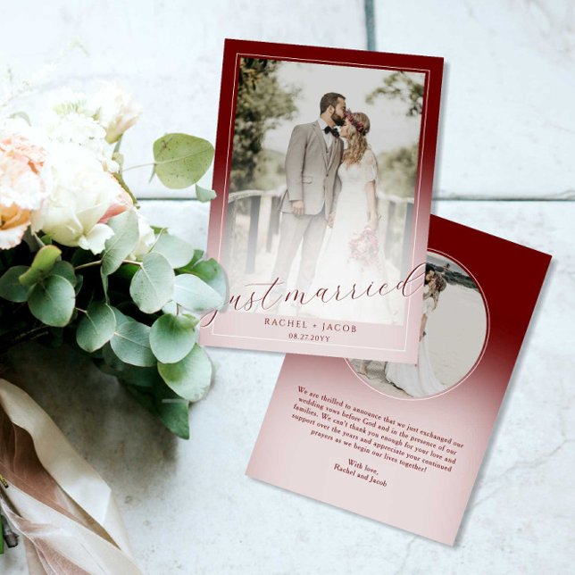 Modern Script Red 2-Photo Just Married Wedding Announcement (Creator Uploaded)