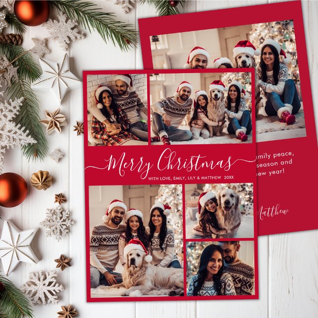 Modern Script Red 5 Photo Collage Christmas  Holiday Card (Creator Uploaded)