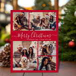 Modern Script Red 5 photo Collage Christmas  Postcard<br><div class="desc">Elegant, Modern 5 Photo Collage Holiday Red Christmas Family Photo Postcards. This festive, minimalist, whimsical five (5) photo holiday greeting card template features a pretty grid photo collage and says „Merry Christmas”! The „Merry Christmas” greeting text is written in a beautiful hand lettered swirly swash-tail white font script on red...</div>