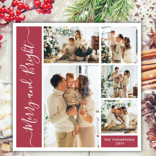 Modern Script Red 5 Photo Merry & Bright Collage Holiday Card