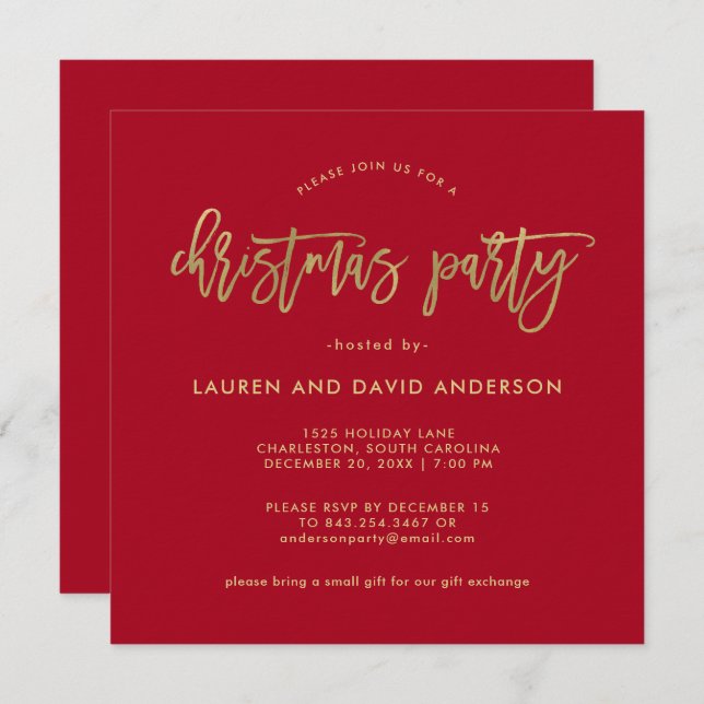 Modern Script | Red and Faux Gold Christmas Party Invitation (Front/Back)