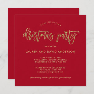 Modern Script   Red and Faux Gold Christmas Party Invitation
