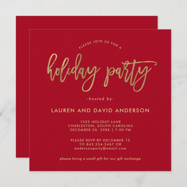 Modern Script | Red and Faux Gold Holiday Party Invitation (Front/Back)