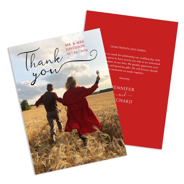 Modern Script Red Budget Wedding Name And Photo  Thank You Card (Creator Uploaded)