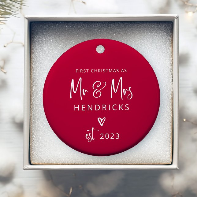 Modern Script Red | First Christmas Mr and Mrs Ceramic Tree Decoration (This modern, red and white Christmas ornament is the perfect keepsake for the newlyweds)