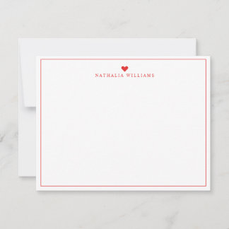 Modern Script Red Heart Border Monogram Note Card