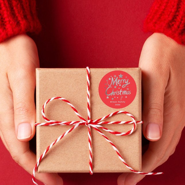 Modern Script Red Merry Christmas Custom Classic Round Sticker (Creator Uploaded)