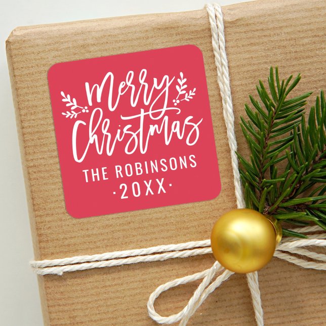 Modern Script Red Merry Christmas Family Name Square Sticker (Creator Uploaded)